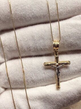 14K Two Tone Gold Crucufix Pendant With 0.5mm Box Chain - 20 inch